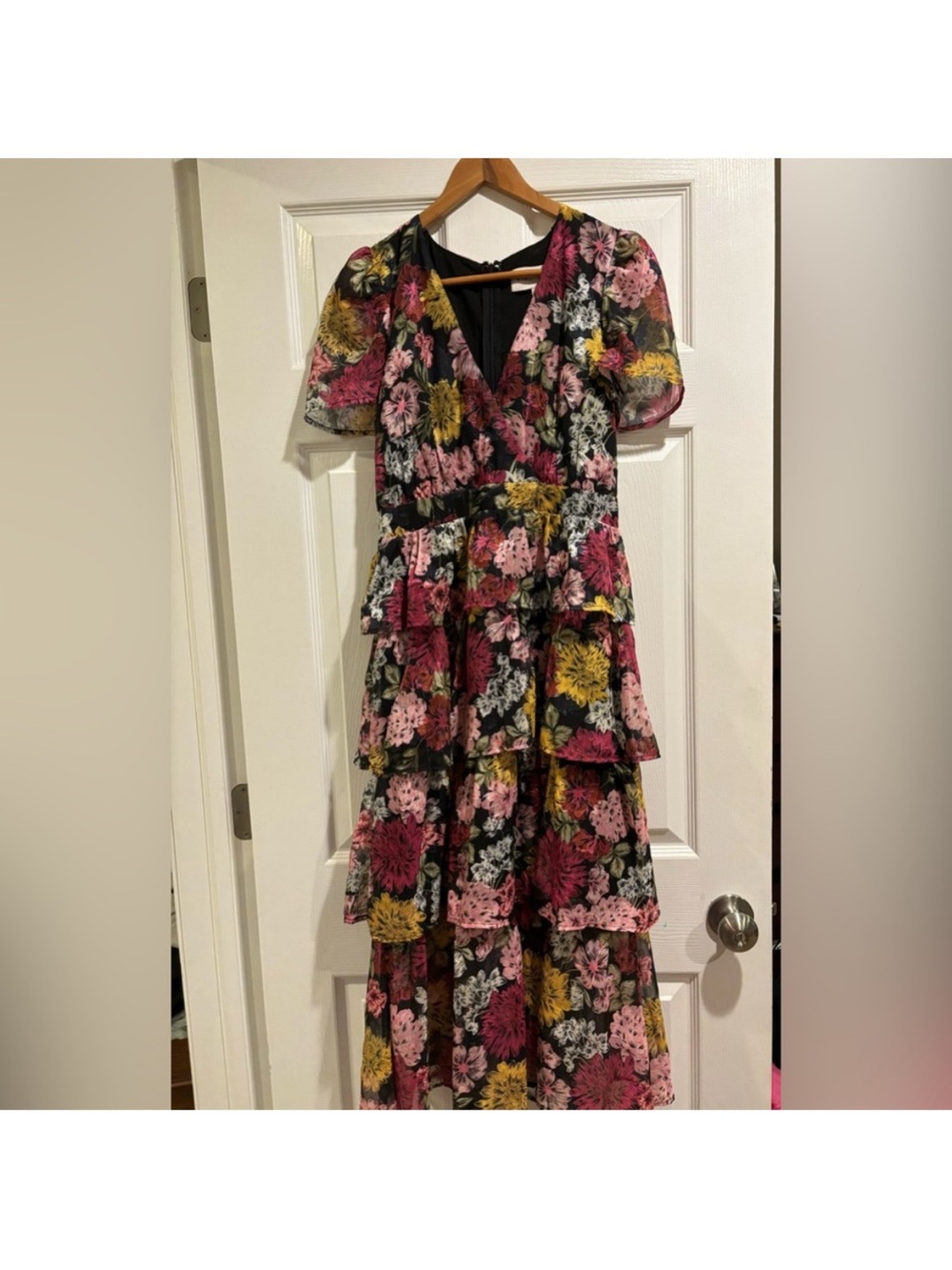 Adelyn Rae Black Floral Tiered V-Neck Maxi Dress with Pink and Yellow Blooms - Picture 2 of 6